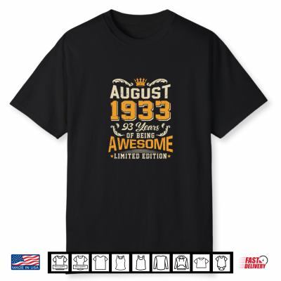 August 1933 Vintage 93 Years Awesome 93Rd Birthday Shirt