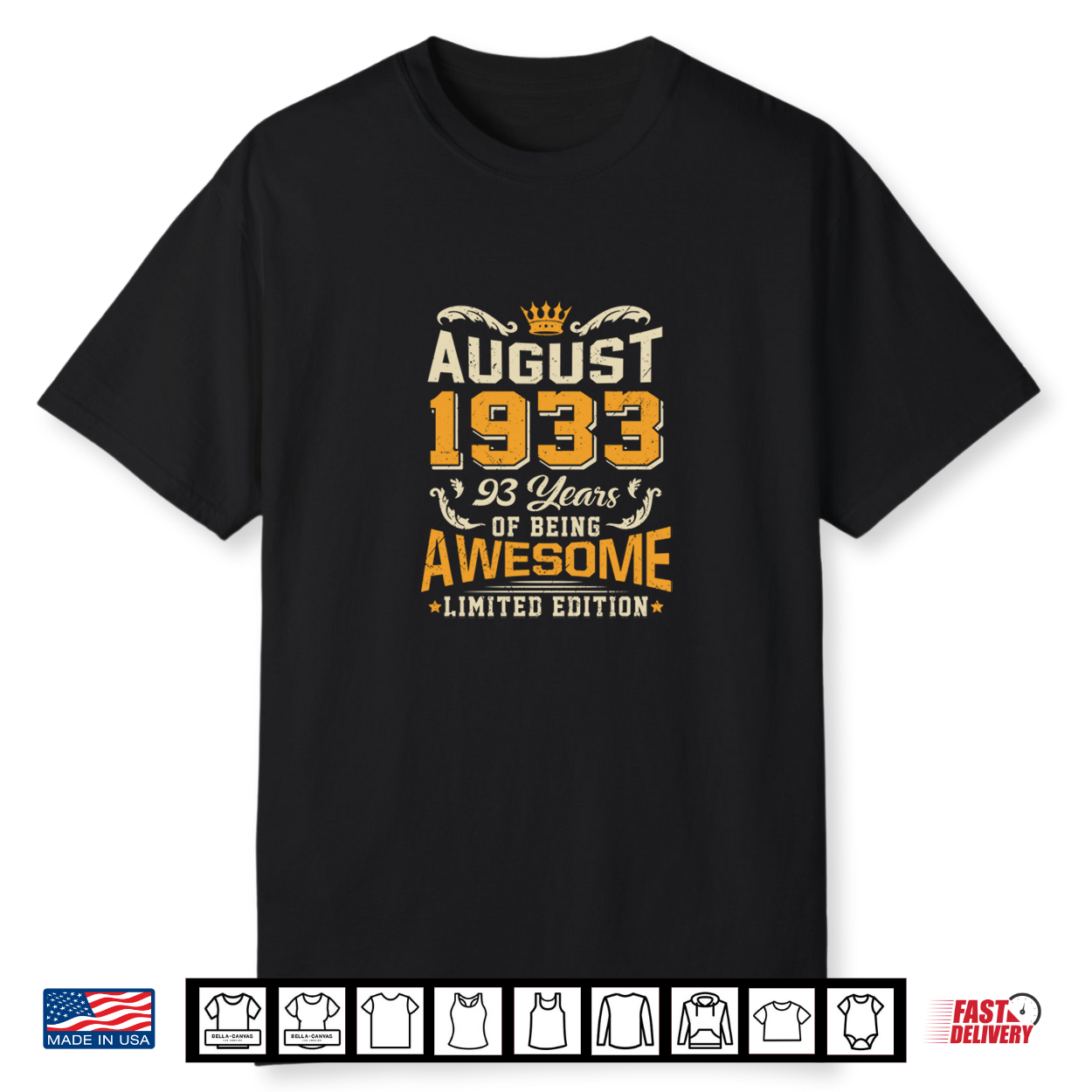 August 1933 Vintage 93 Years Awesome 93Rd Birthday Shirt
