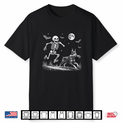 Funny Skeleton Chasing Doberman Pinscher Halloween Dog Mom Shirt