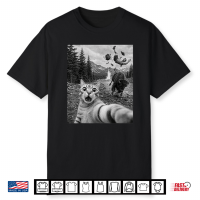 Funny Cat Selfie Yellowstone National Park Cows Bison Animal Shirt